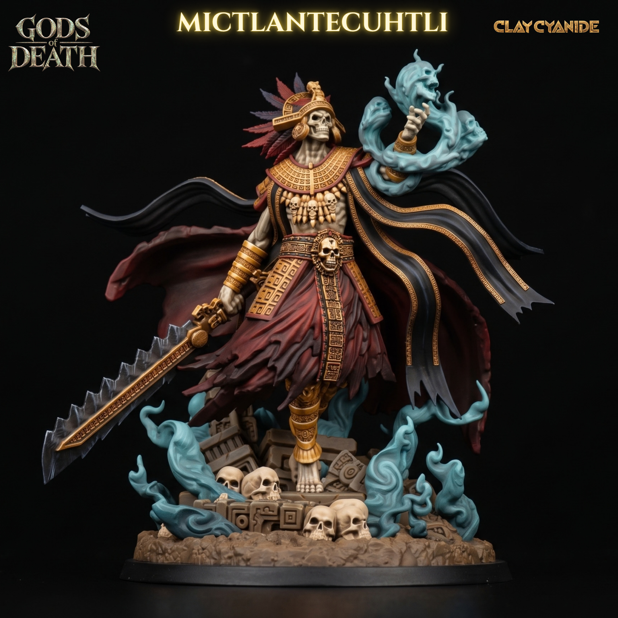 Mictlantecuhtli skeletal miniature with turquoise spirits and ceremonial blade