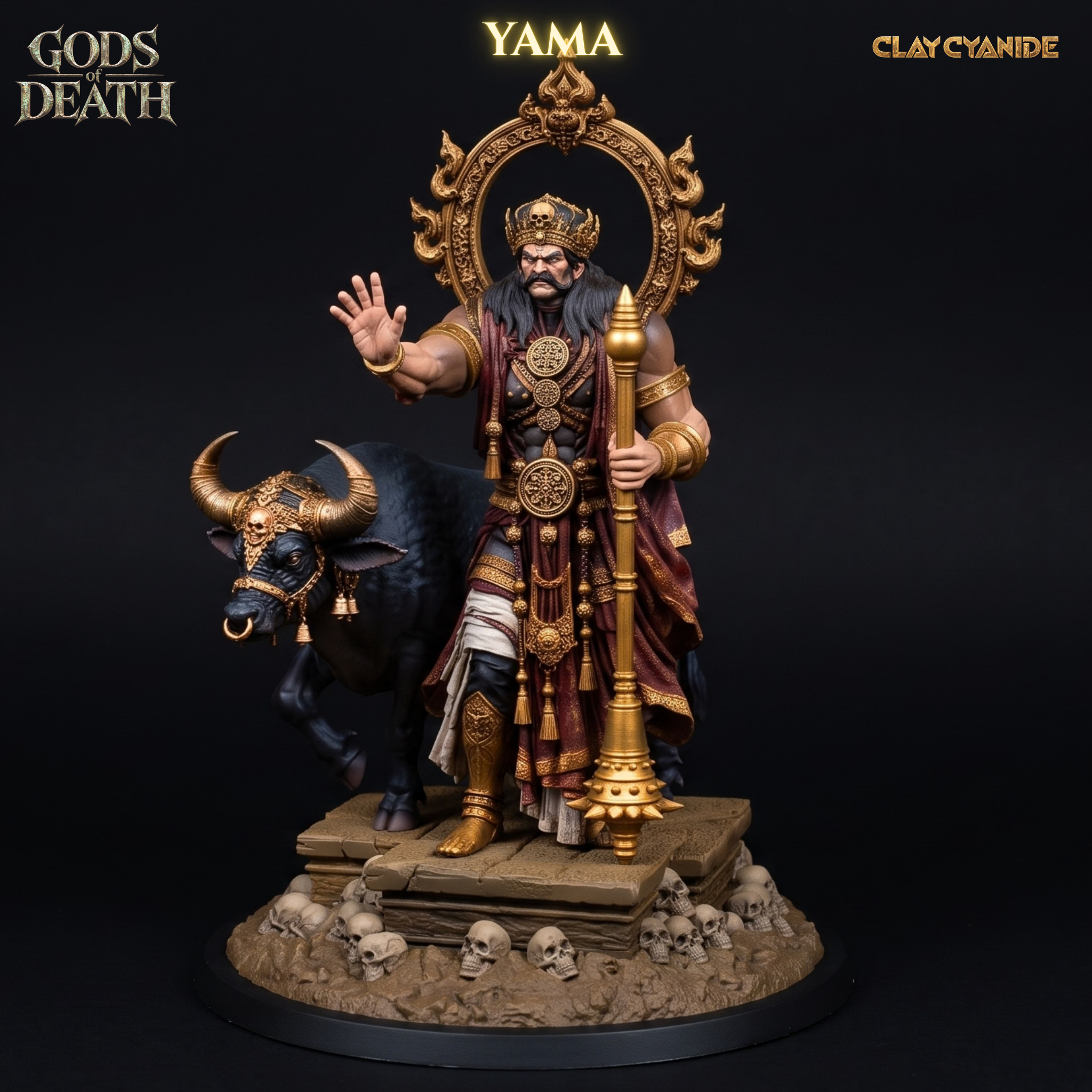 Yama miniature with golden crown, staff and buffalo